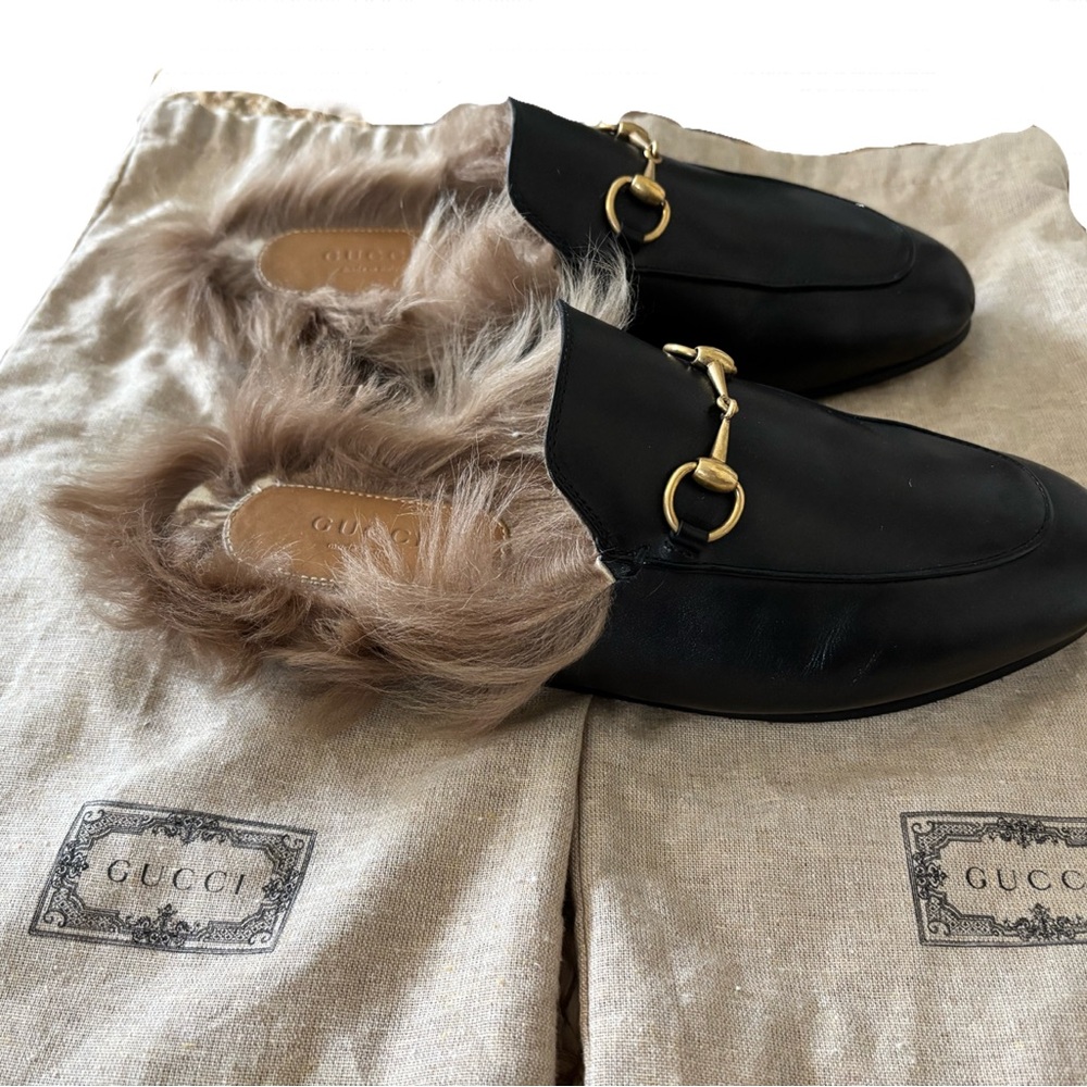 Gucci Princetown Lambswool Lined Mules - Black Leather (Full Set). Ladies Sz 38